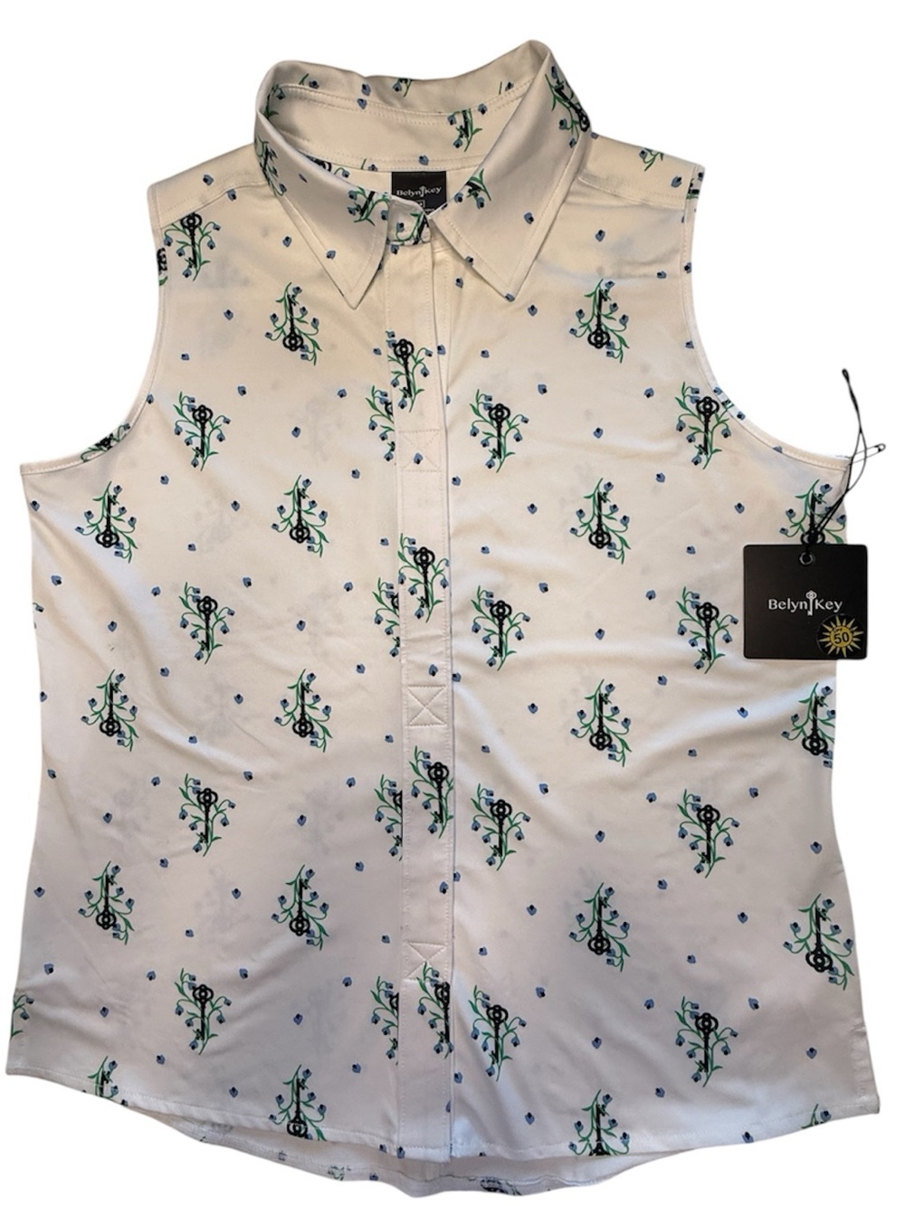 Belyn Key White Floral Print Sleeveless Shirt size Medium